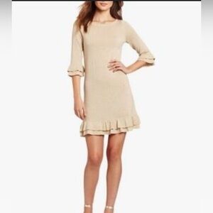 Lilly Pulitzer Helena Dress Women’s M Mini Gold Metallic Ruffle 3/4 Sleeve Party